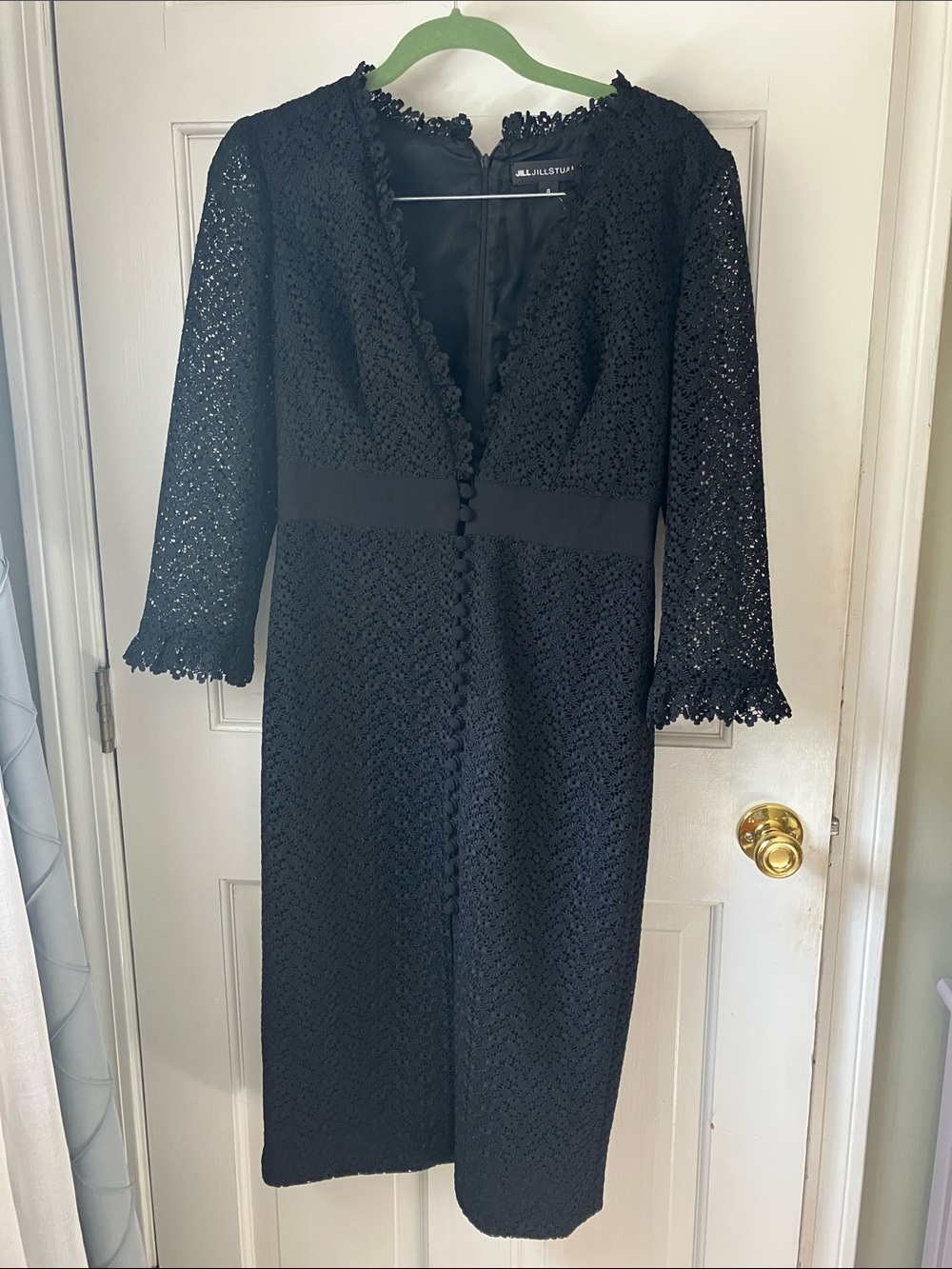 Jill Stuart Black Floral Lace Midi Dress Deep V 3/4 Sleeves Button Front 8 NWT
